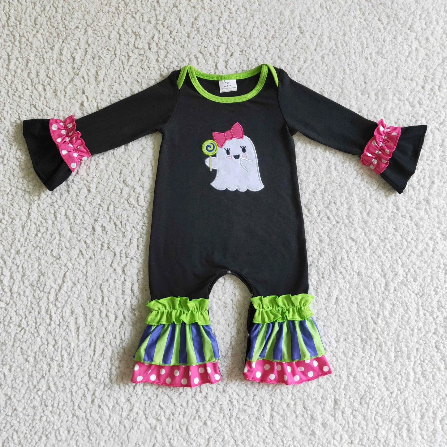Sibling Baby Girls Green Stripe Embroidery Ghost Tunic Ruffle Pants Halloween Clothes Sets Rompers C9.18