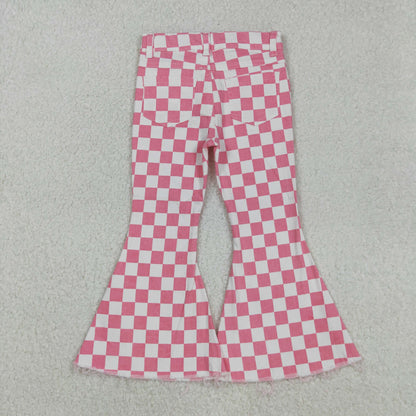 P0348 Baby Girls Pink Checkered Bell Flare Denim Pants Jeans C9.3