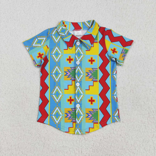 BT1225 Baby Boys Short Sleeves Colorful Aztec Print Button Shirts Top  5.8