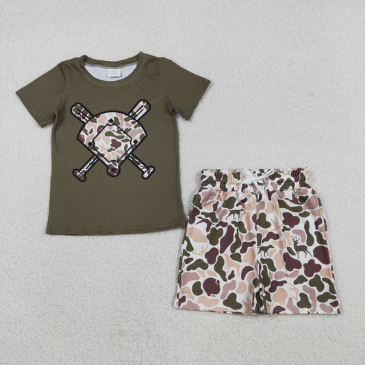 BT1424+SS0699 Baby Boys Deer Dogs Ducks Camo Baseball Top Pockets Shorts Team Clothes Set C12.4