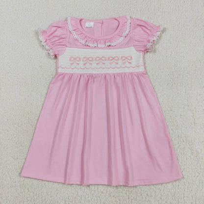 GSD2718 Embroidery Baby Girls Light Pink Short Ruffle Sleeves Bows Knee Length Dress 8.8