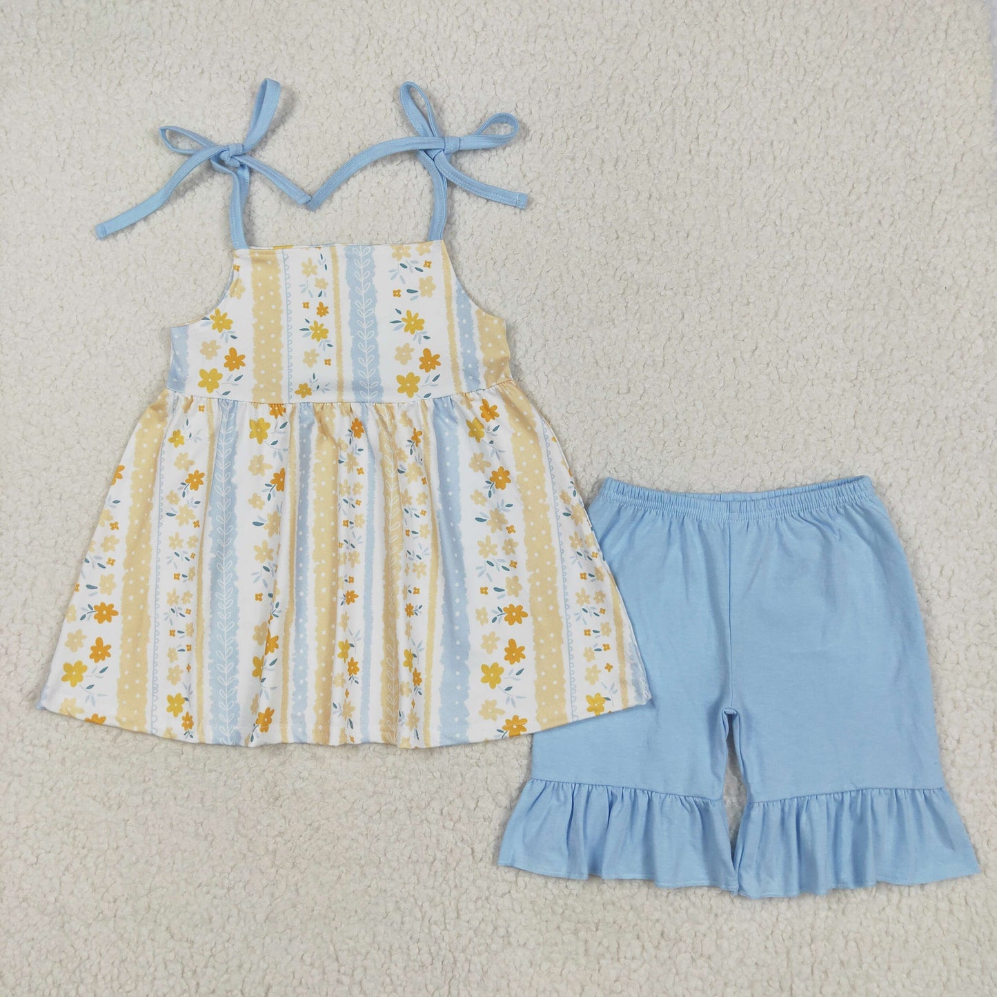 GSSO2302 Baby Girls Blue Strap Yellow Floral Stripe Tunic Ruffle Short Set 5.13