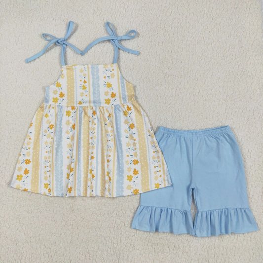 GSSO2302 Baby Girls Blue Strap Yellow Floral Stripe Tunic Ruffle Short Set 5.13