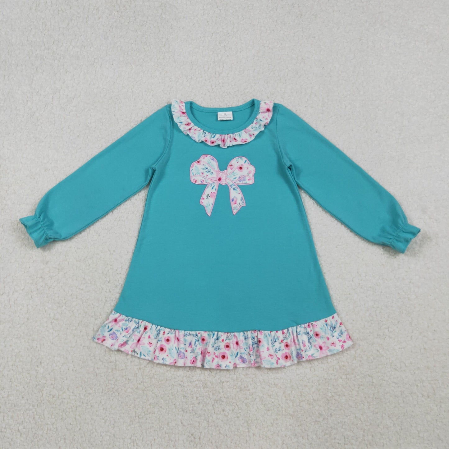 GLD1204 Baby Girls Aqua Long Ruffle Sleeves Floral Bows Knee Length Dress C10.18