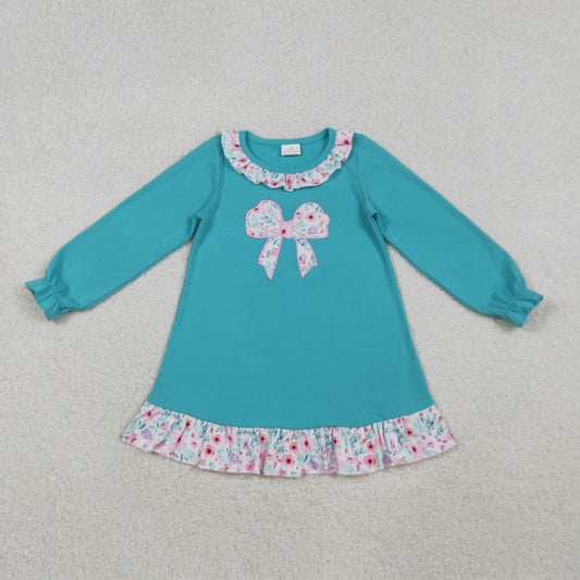 GLD1204 Baby Girls Aqua Long Ruffle Sleeves Floral Bows Knee Length Dress C10.18