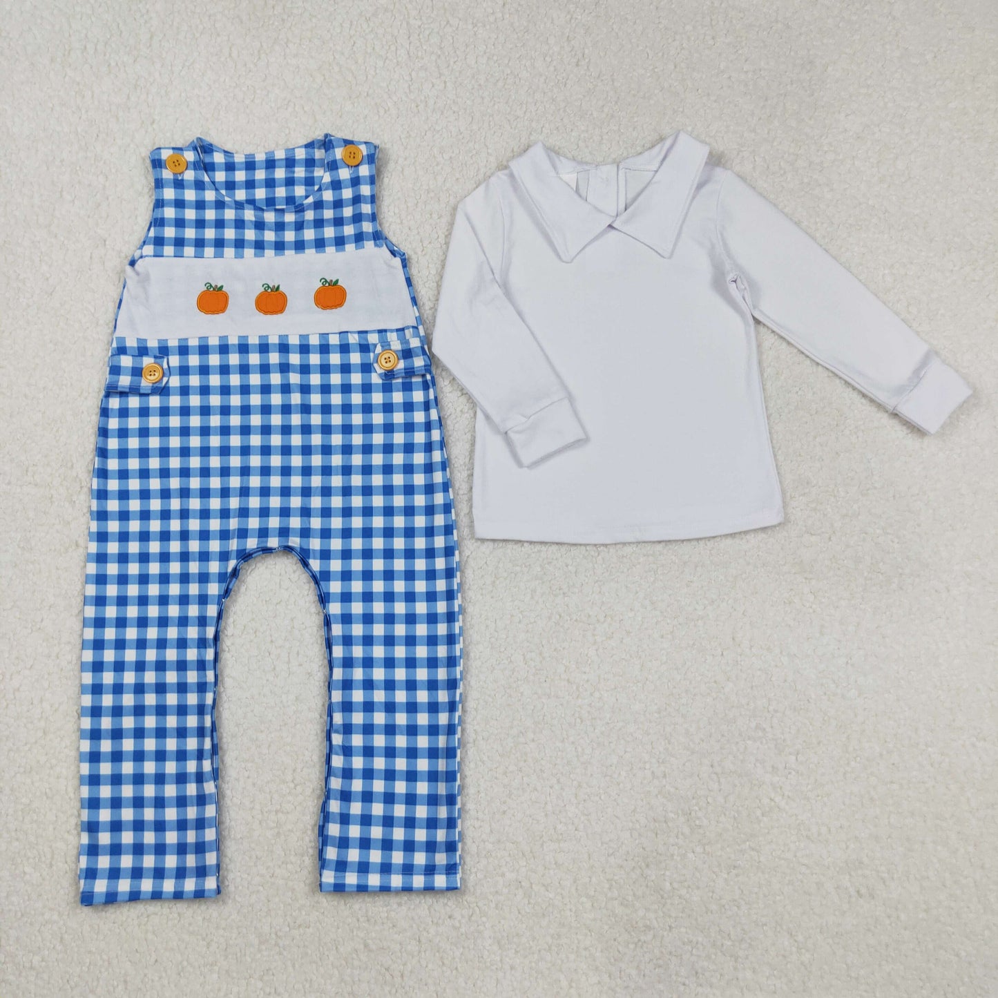 BT0820+SR1949 Embroidery Baby Infant Boys Blue Pumpkin Shirts Romper Set C9.1
