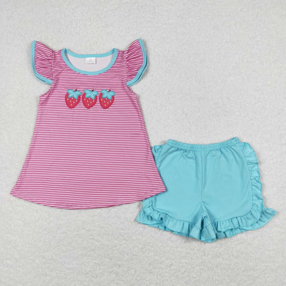 Sibling Baby Girls Flutter Sleeve Embroidery Strawberry Tunic Top Ruffle Shorts Clothes Set 5.9