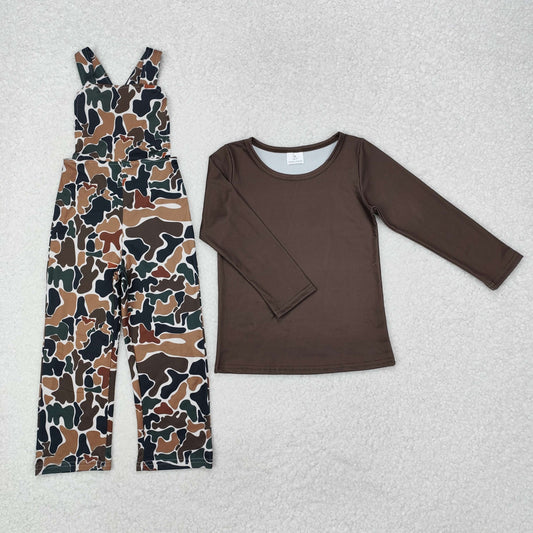 GT0798+SR1988 Baby Boys Dark Brown Camo Straps Jumpsuits Shirts 2pcs Clothes Set