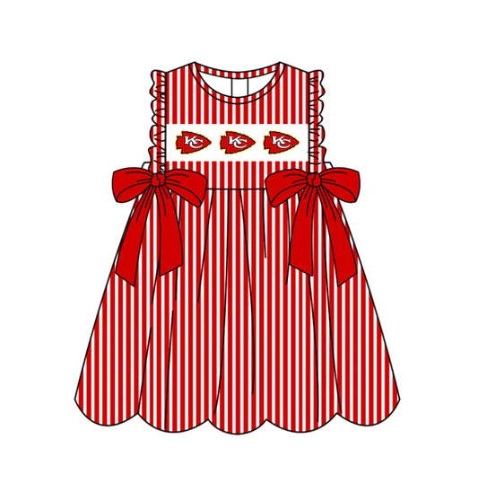 C11.28 Custom Moq 5 Baby Girls Sleeveless Red Stripe KC Bows Team Knee Length Dresses