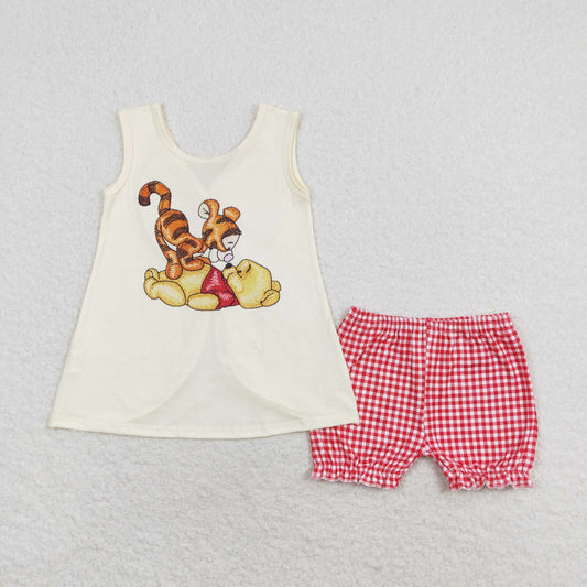 GSSO1282 Cartoon bear bow beige sleeveless red plaid shorts suit