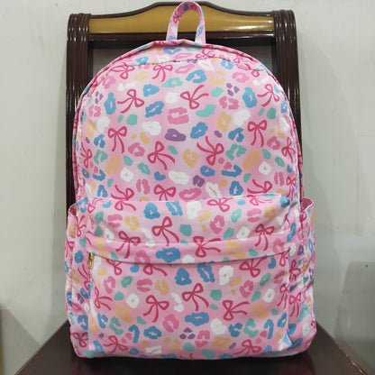 BA0319 Baby Kids Pink Leopard Bows School Zipper Ruffle Back Bags 8.4