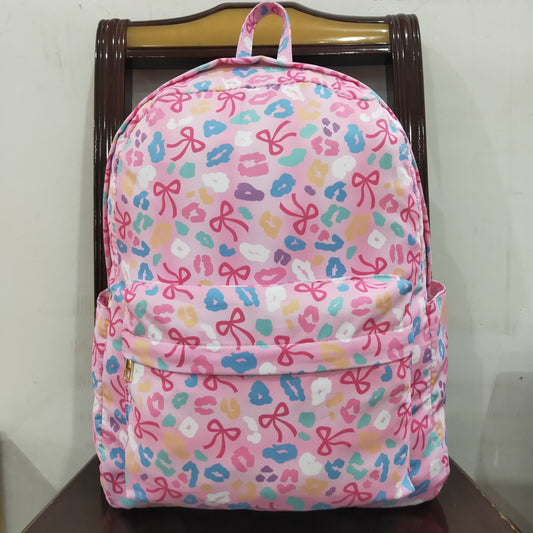 BA0319 Baby Kids Pink Leopard Bows School Zipper Ruffle Back Bags 8.4