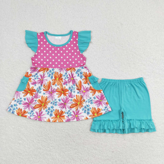 GSSO1100 Orange flowers polka dots teal pockets rose red flying sleeve shorts set