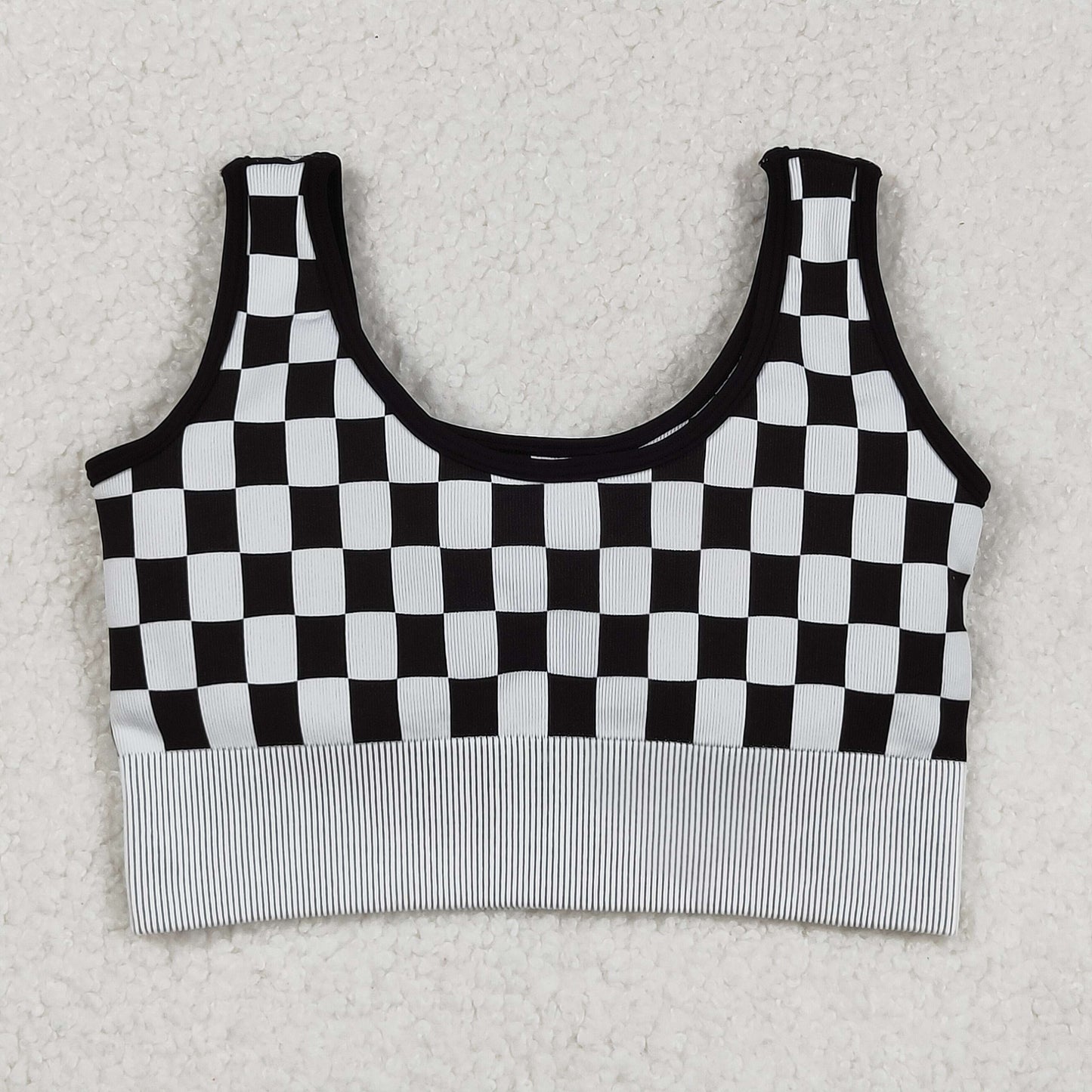 GT1189 Adult Women Black Checkered Knitted Yoga Crop Bra Tops C9.2