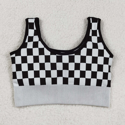 GT1189 Adult Women Black Checkered Knitted Yoga Crop Bra Tops C9.2