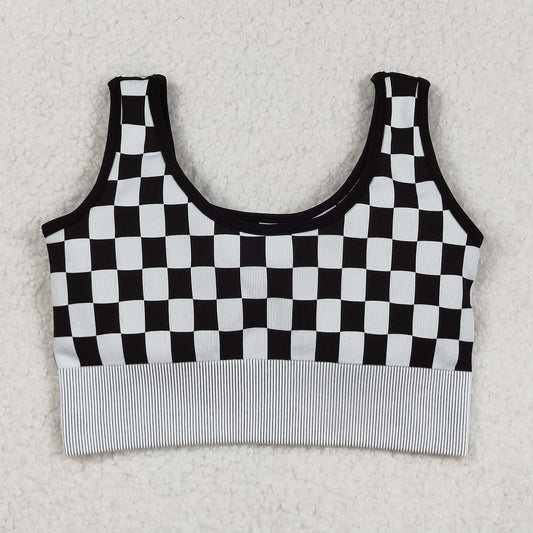 GT1189 Adult Women Black Checkered Knitted Yoga Crop Bra Tops C9.2
