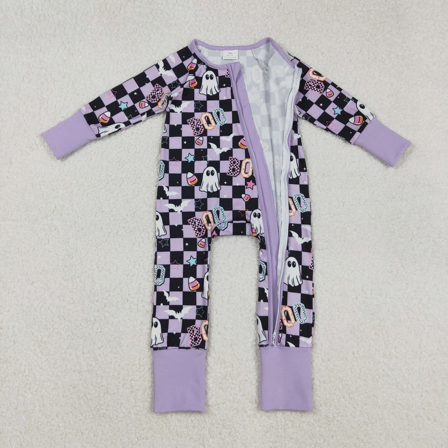 LR2541 Baby Girls Black Plaid Ghosts Candy Halloween Zipper Footie Romper C9.4
