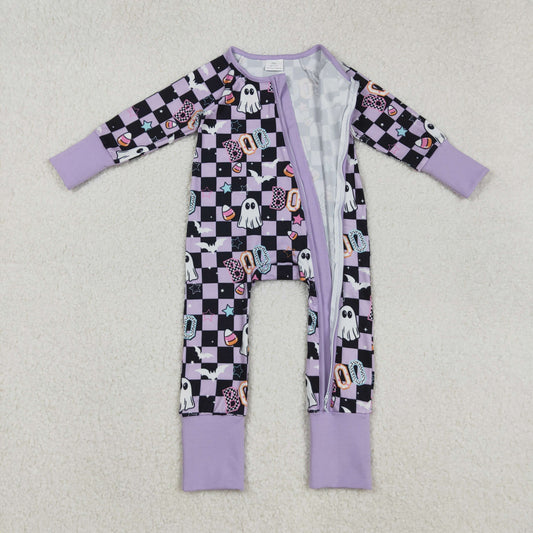 LR2541 Baby Girls Black Plaid Ghosts Candy Halloween Zipper Footie Romper C9.4