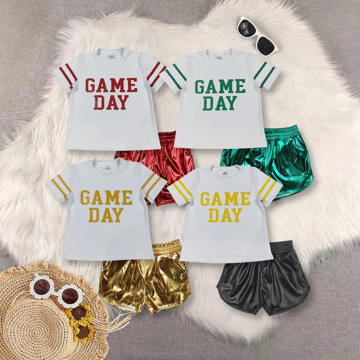 Sibling Baby Girls Vinyl Game Day Tops Metallic Shorts Clothes Sets C8.29