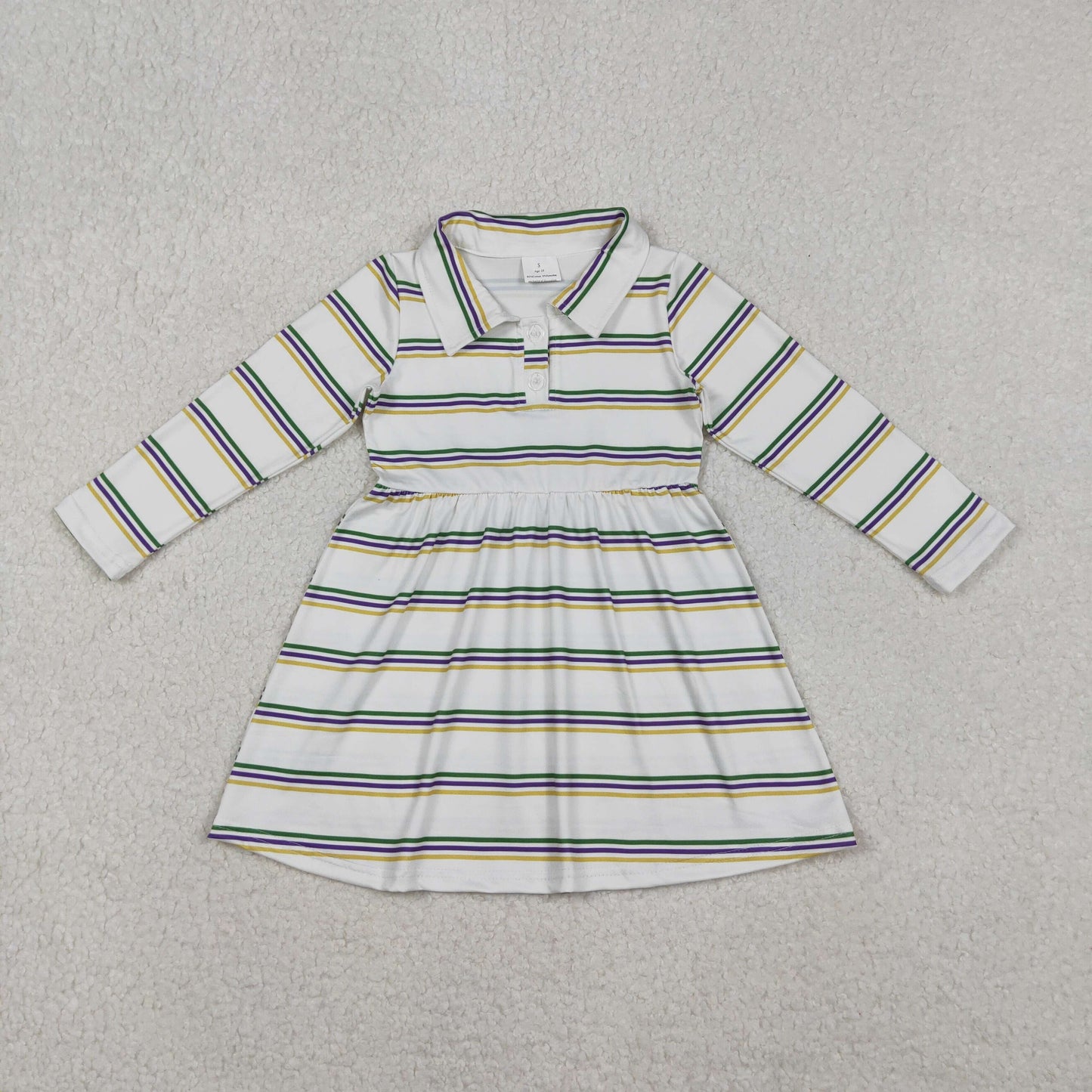 GLD1331 Baby Girls Pink Yellow Green Stripes Button Mardigras Knee Length Dress C10.29