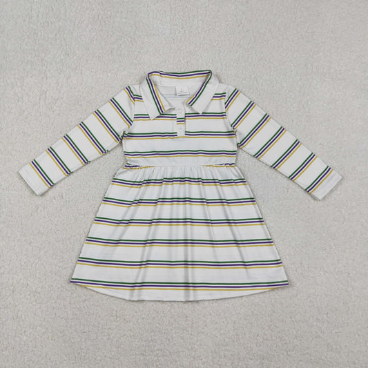 GLD1331 Baby Girls Pink Yellow Green Stripes Button Mardigras Knee Length Dress C10.29