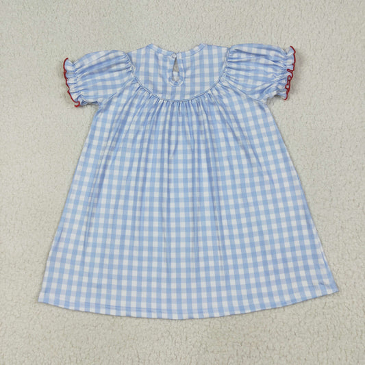 GSD2275 Baby Girls Blue Plaid Short Ruffle Sleeves Smocked Cows Pigs Farm Knee Length Dress 6.24
