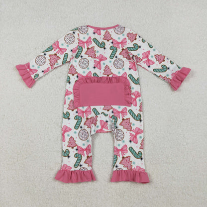 LR2486 Baby Girls Long Sleeves Christmas Trees Candy Cane Ruffle Zipper Romper C10.17