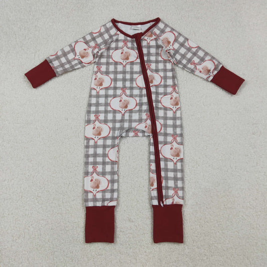 LR2691 Baby Boys Green Checked Turkey Thanksgiving Zipper Footie Romper C10.10