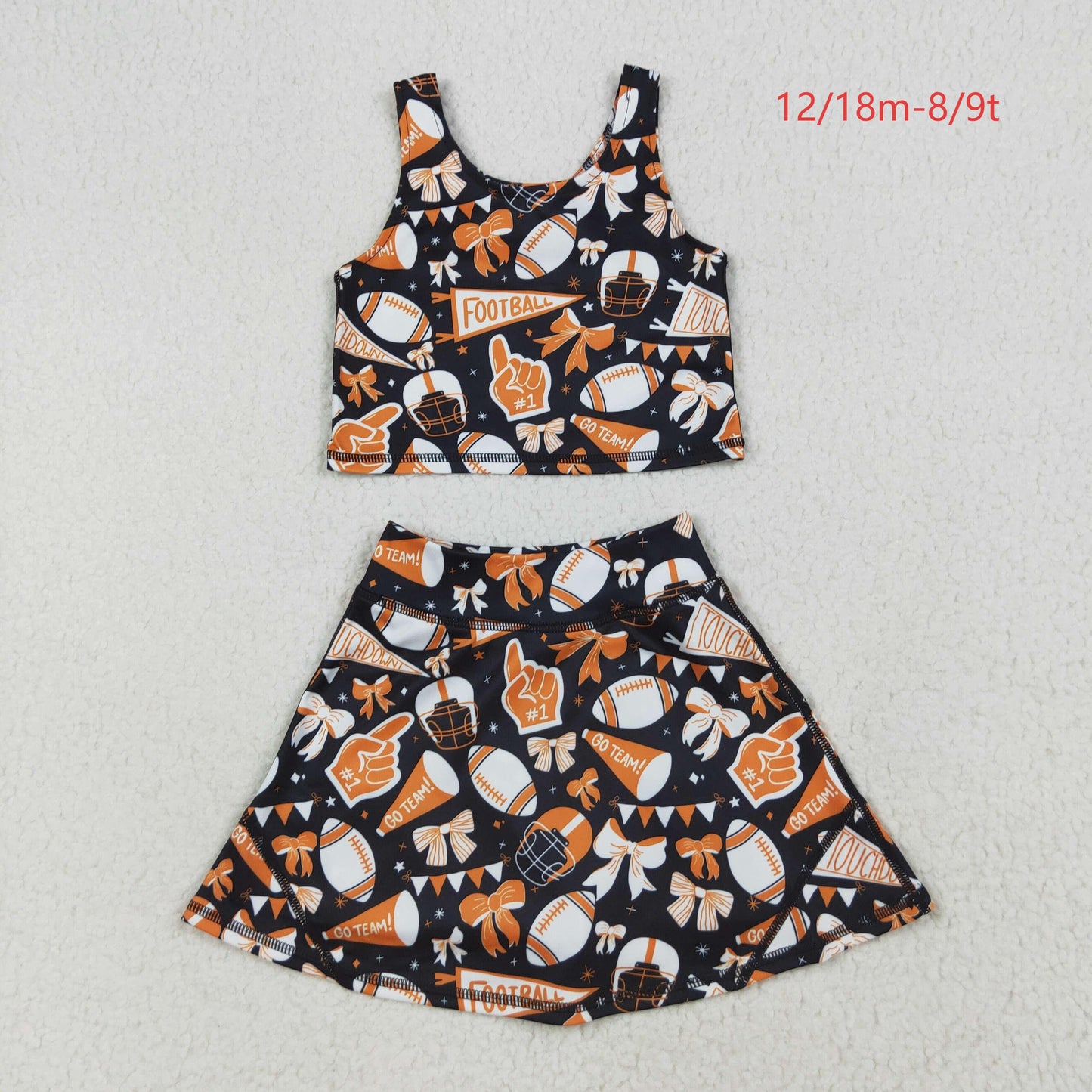 GSD2687 Baby Girls Team Orange Football Bows Vest Top Short Skirts Yoga Set 7.10