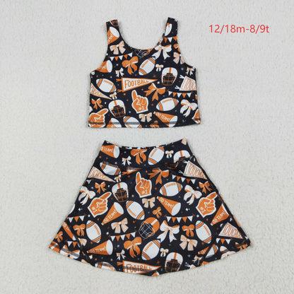 GSD2687 Baby Girls Team Orange Football Bows Vest Top Short Skirts Yoga Set 7.10