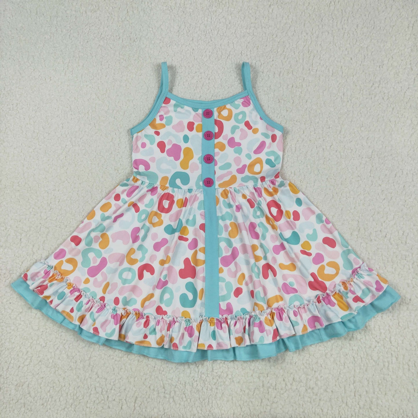 GSD2452 Baby Girls Blue Strap Colorful Leopard Button Knee Length Dress 5.29
