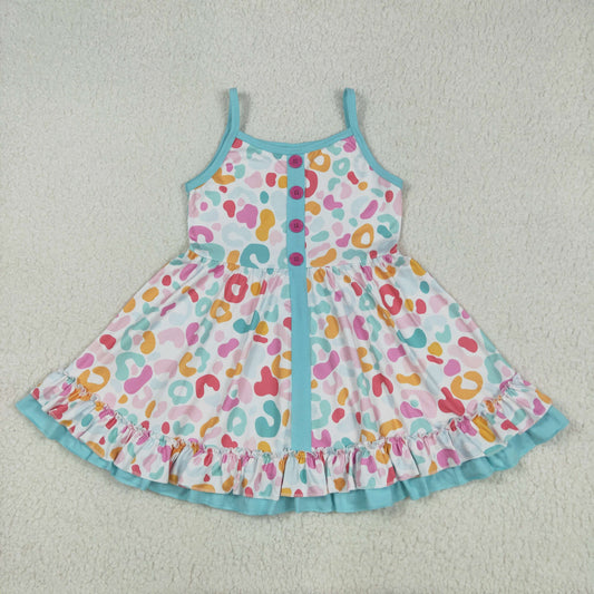GSD2452 Baby Girls Blue Strap Colorful Leopard Button Knee Length Dress 5.29