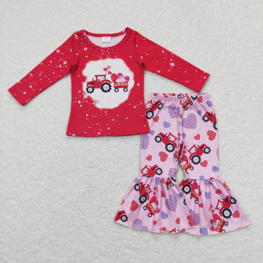 gLP0902 plaid love truck tractor red long sleeve pink suit