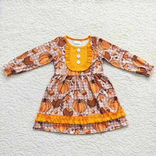 GLD0343 Baby Girls Pumpkin Fall Knee Length Ruffle Dress