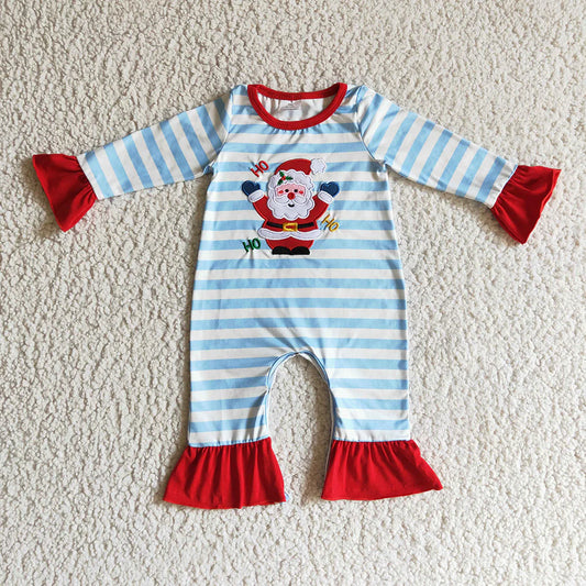 LR0120 Baby girls Christmas santa blue stripes romper