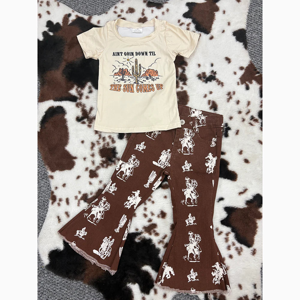 GT0160+P0076 Baby Girls Western Cactus Shirt Bell Denim Pants Clothes Set 5.14