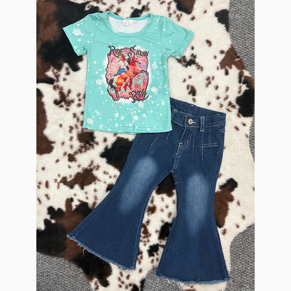 GT0170+P0457 Baby Girls Western Ride Rodeo Shirt Bell Denim Pants Clothes Set 5.14