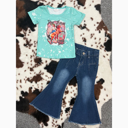 GT0170+P0457 Baby Girls Western Ride Rodeo Shirt Bell Denim Pants Clothes Set 5.14