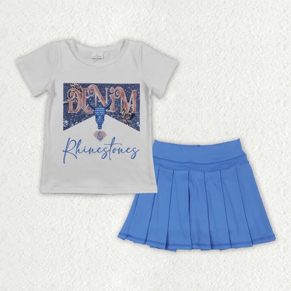 GT0133+GLK0084 Baby Girls Western Rhinestone Shirt Blue Pleated Skorts Yoga Active Set 6.6