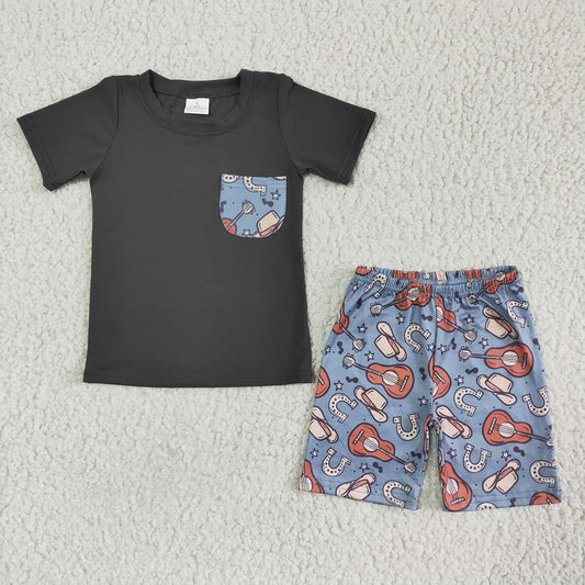 BSSO0075 Boys Guitar Hat Shorts Outfit