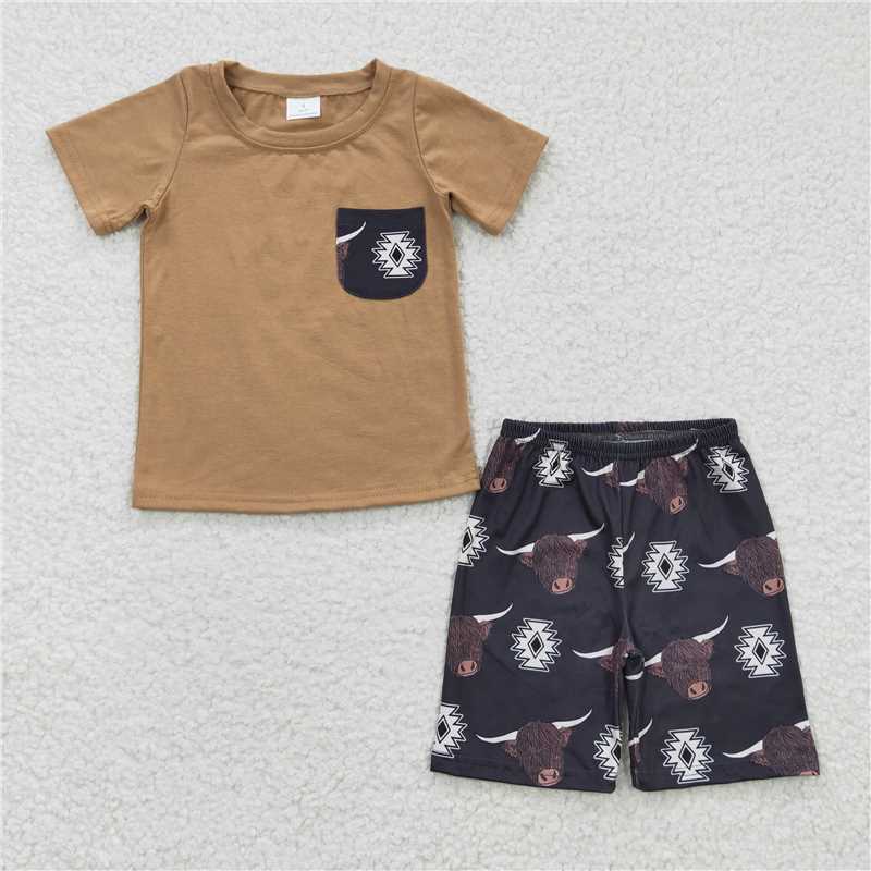 BSSO0148 Boys Alpine Cow Geometric pattern Brown Pocket Short