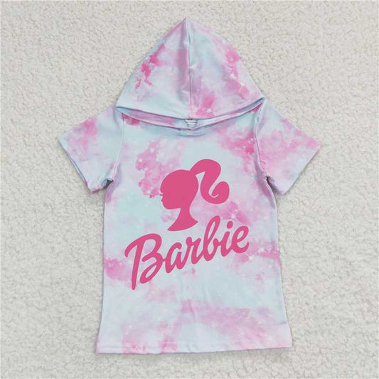 GT0153 Girls Barbie Hooded Short Sleeve Top Pink
