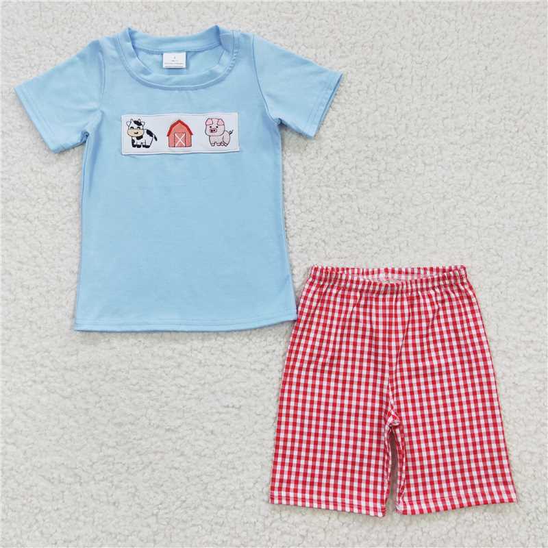BSSO0181 Boy's Embroidery Farm Cow Pig Blue Short sleeve short