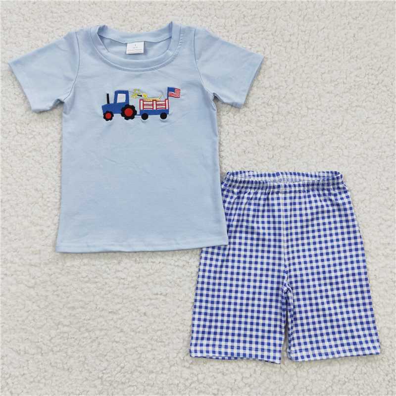 BSSO0195 Boys Embroidery National Day Car Dog Short Sleeve shorts blue