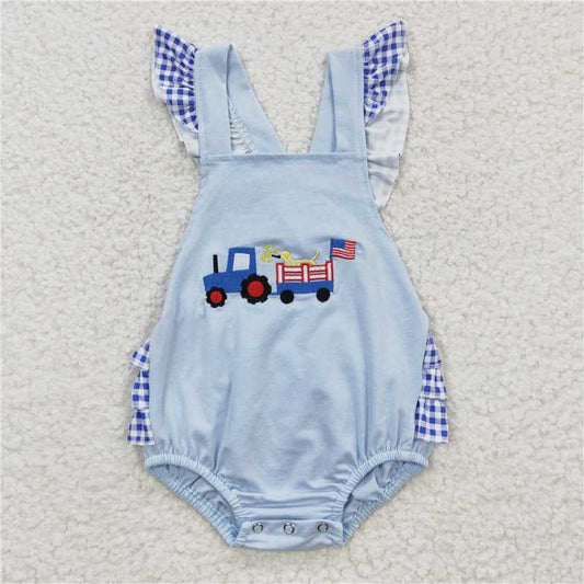 SR0274 Girl Embroidery National Day Car Dog Blue small Flying Sleeve one-piece