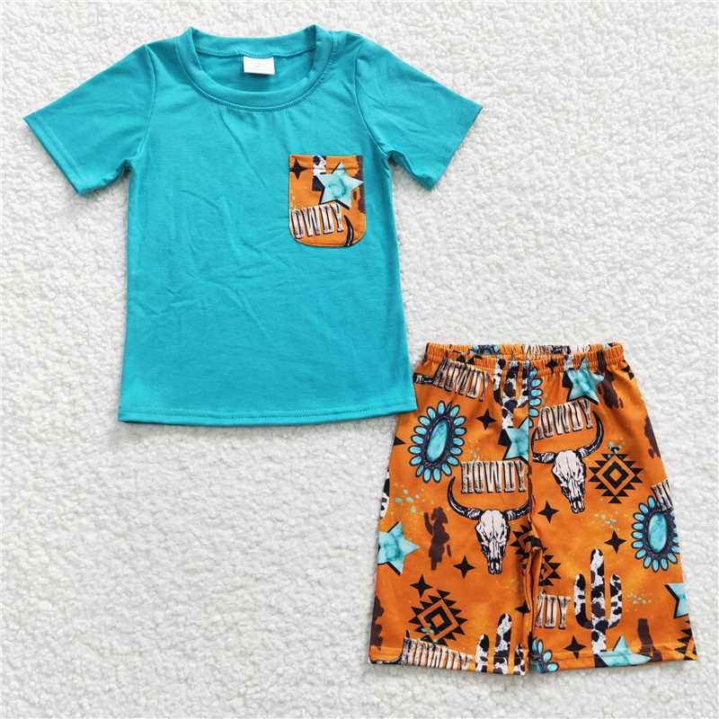 BSSO0140 Boy howdy Bull Head Blue Pocket Short Sleeve Shorts Cover