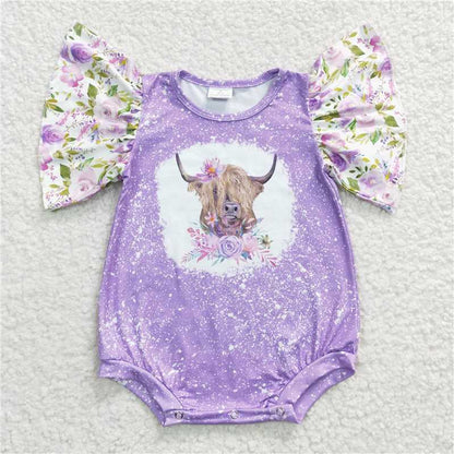 SR0118 Baby Purple Girls Cow Flowers Romper