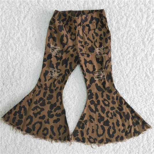 B6-10 Ripped black spot leopard print denim bell bottoms