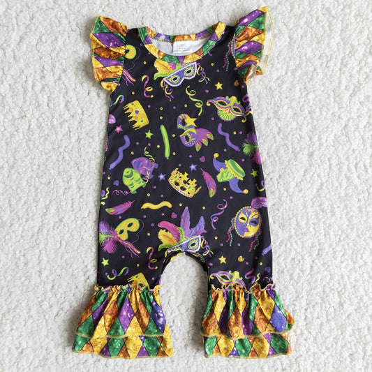 E7-14 Mardi Gras Infant Girls Flutter Sleeve Romper