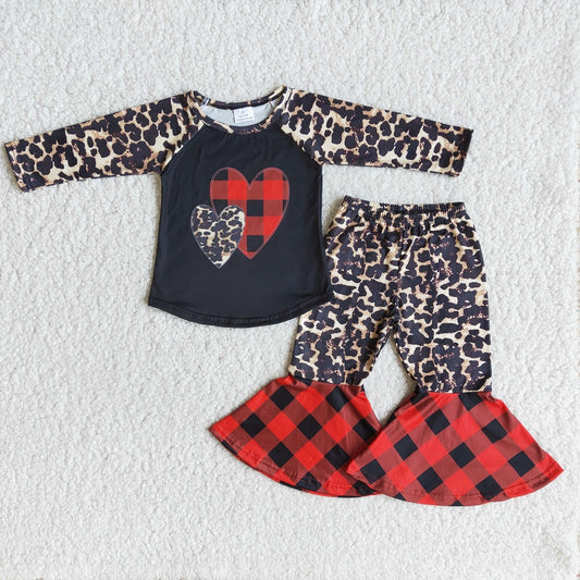 6 A12-27 Valentine Girls Plaid Leopard Heart Outfits